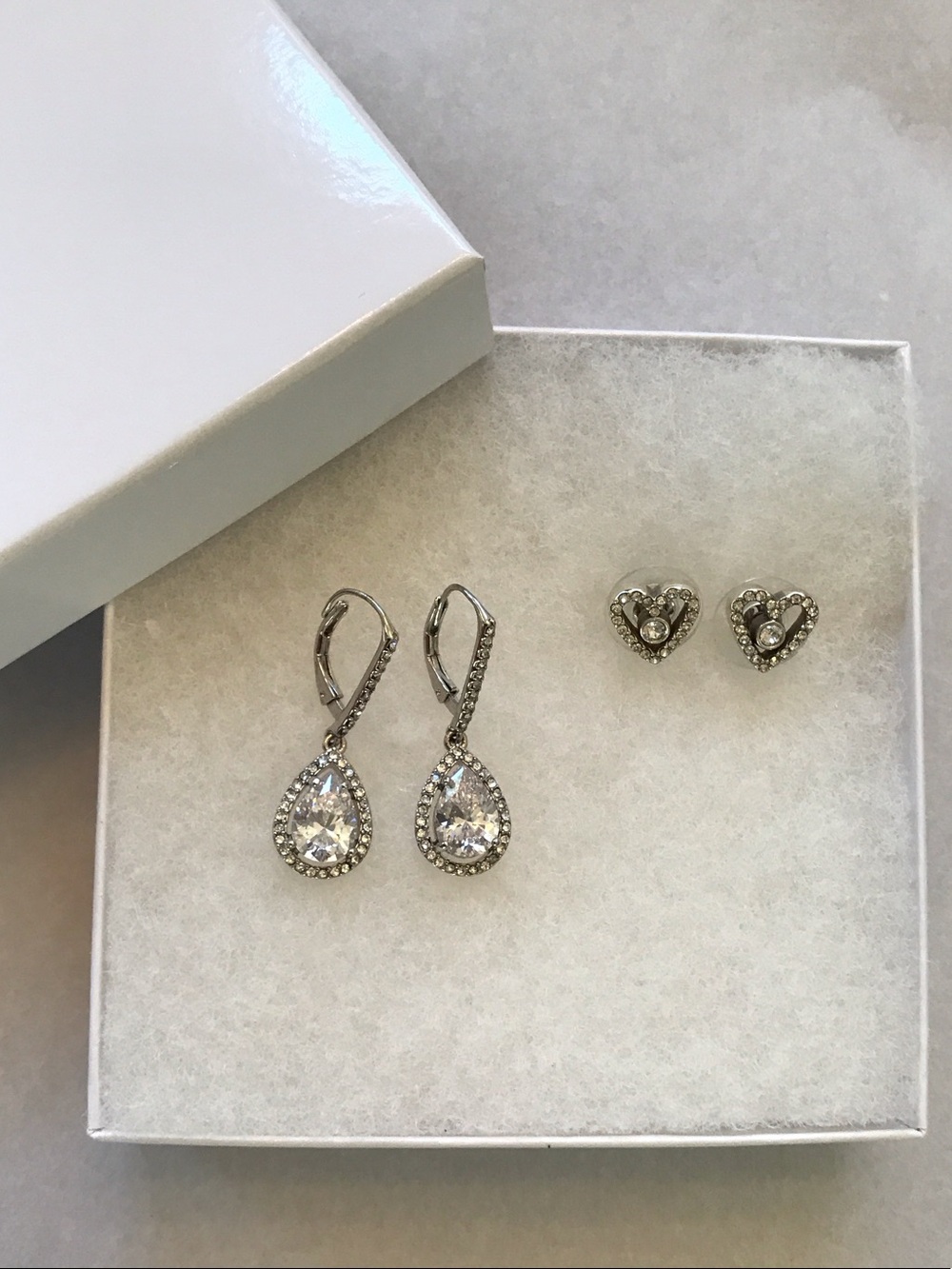 Crystal Teardrop Dangle Earrings and Heart Stud Set - Silver Tone